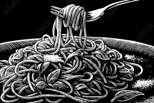 Detailed illustration of Italian spaghetti with tomato sauce, basil, grated parmesan cheese, fork twirl captured in elegant black and white line art illustration perfect for food branding and cookbook