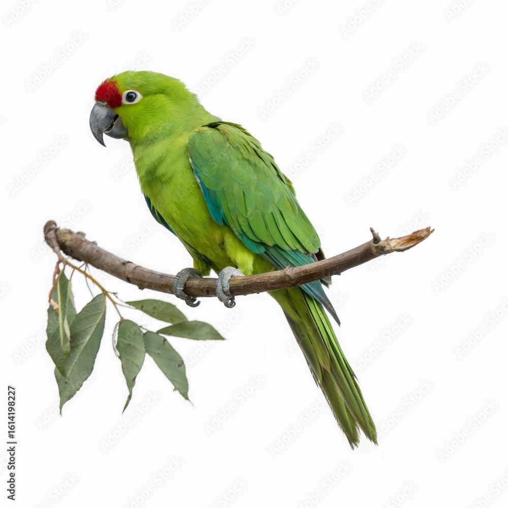 Fototapeta premium A photo of a vibrant green parrot with a striking red forehead and a sharp, gray beak.