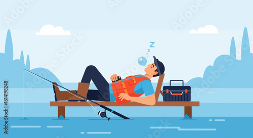 Relaxed Fisherman Napping on Pier After a Day of Fishing Trip