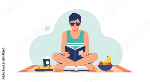 Relaxed Man Enjoying Summer Picnic While Reading Book Outdoors Alone