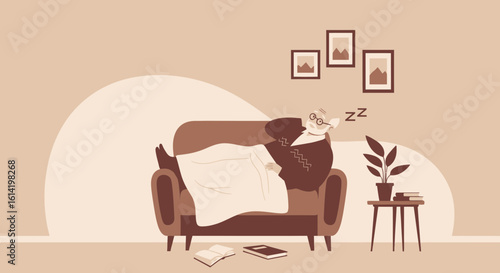 Relaxed Retirement Grandfather Napping On Couch With Books And Plant