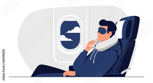 Relaxed Passenger Enjoying a Peaceful Sleep on a Flight Next to the Window