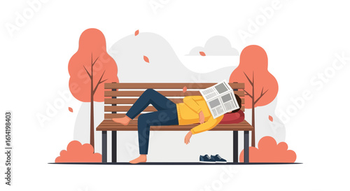 Relaxing Afternoon Nap In The Park With Newspaper On Face In Autumn