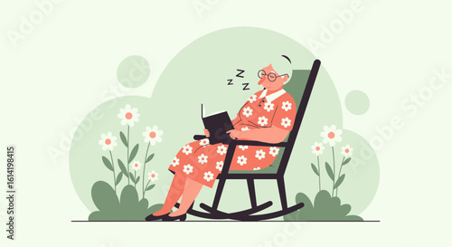 Relaxing Afternoon Nap In Rocking Chair With Flowers In Background