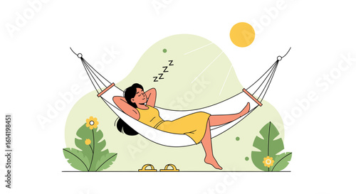 Relaxing Afternoon Nap Young Woman Resting in Hammock Outdoor Illustration