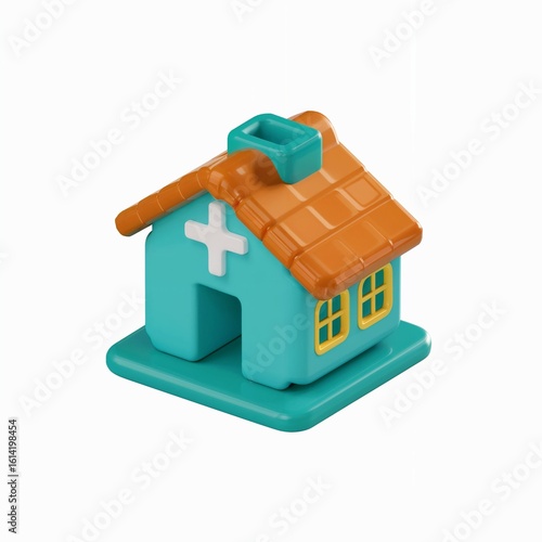 Turquoise toy house with orange roof and white cross 1