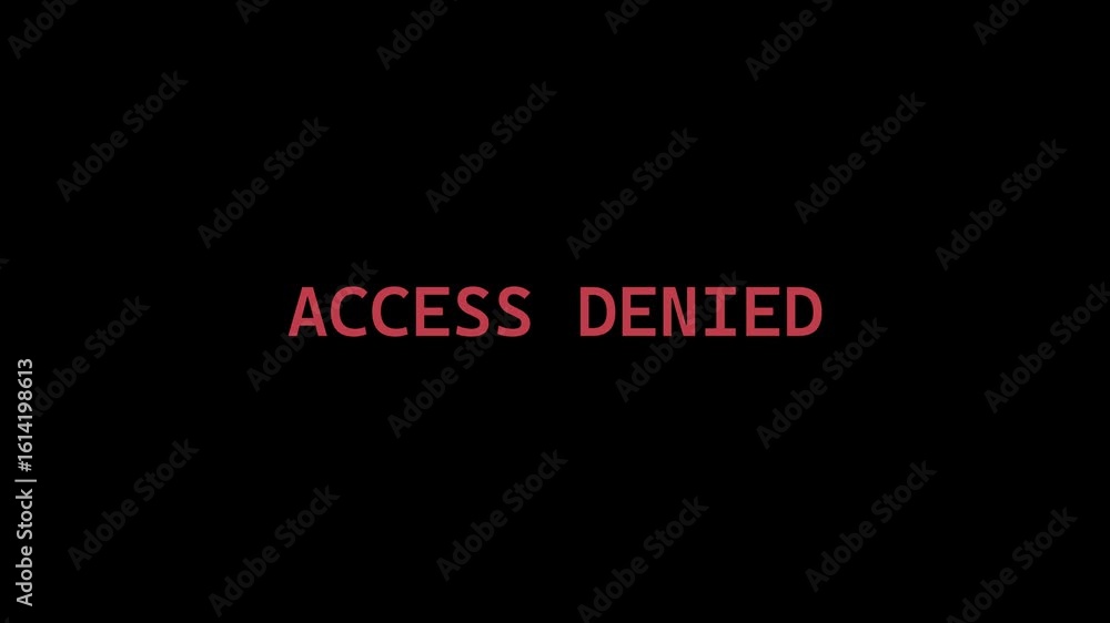 Video animation access denied text red rubber stamp attention icon animation hacked privacy data being hacked. Cybersecurity interface activation signal emergency security symbol on black background .