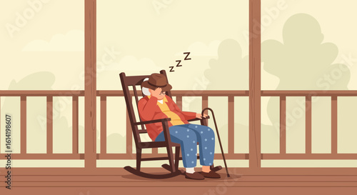 Relaxing On The Porch A Senior Napping Peacefully In A Rocking Chair Illustration