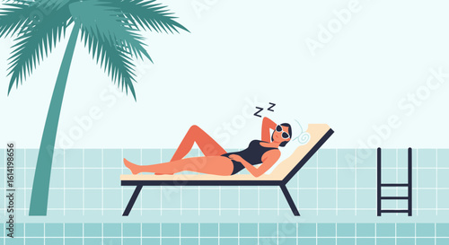 Relaxing Summer Vacation At Poolside With Palm Tree And Modern Flat Design