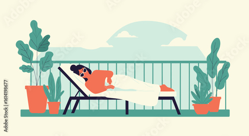 Relaxing Sunny Getaway Woman Lounge Chair Balcony Escape Holiday Retreat