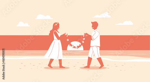 Romantic Beach Ceremony With Couple Exchanging Flowers At Sunset Coast