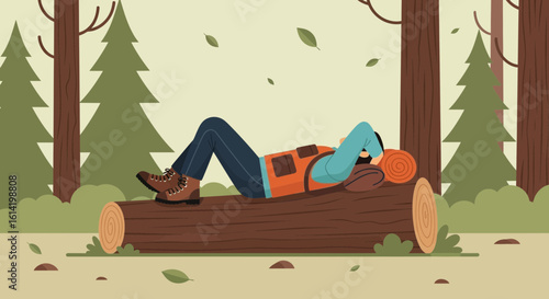 Resting Hiker In Forest Scene Cartoon Style After Long Walk Peaceful Nature