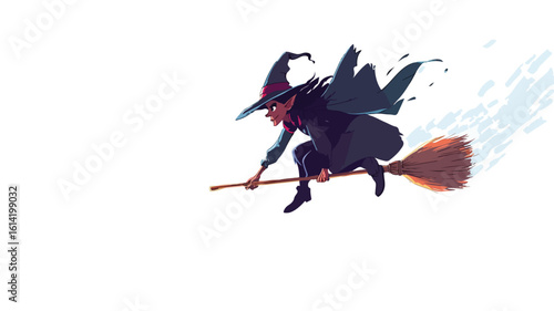 Witch Flying on Broomstick Cartoon Illustration