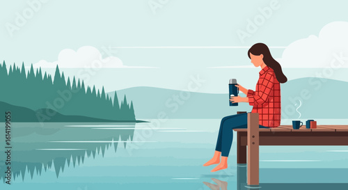 Serene Lakeside Retreat Woman Enjoys Morning Coffee on Wooden Pier