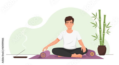 Serene Man Practicing Yoga On Mat With Incense And Bamboo Plant