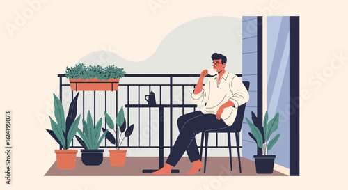 Serene Morning Balcony Scene Man Relaxing with Coffee Plants on Terrace