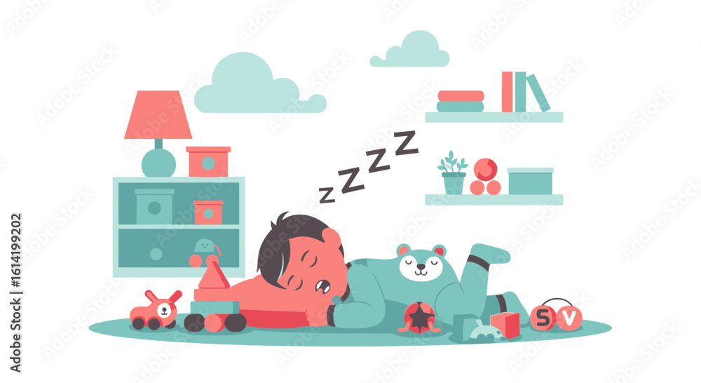 Naklejka premium Sleeping Child With Toys And Teddy Bear In Nursery Room Illustration