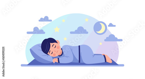 Sleeping Boy In Pajamas Enjoying Sweet Dreams Surrounded By Clouds And Stars