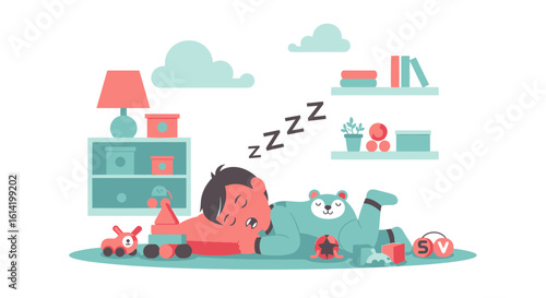 Sleeping Child With Toys And Teddy Bear In Nursery Room Illustration