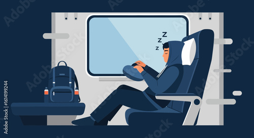 Sleeping On Train Comfortably With Pillow And Backpack During Holiday Season