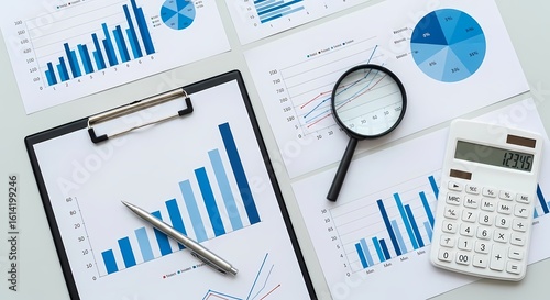 Business charts graphs analysis with calculator and magnifying glass