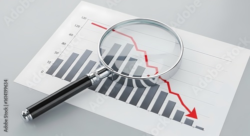 Magnifying glass on declining graph business concept
