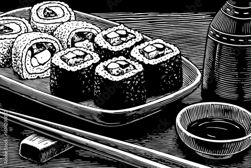 Japanese sushi rolls with salmon, avocado, rice, seaweed, chopsticks, wasabi and soy sauce beautifully drawn in black and white line art illustration for Asian food branding and restaurant menus