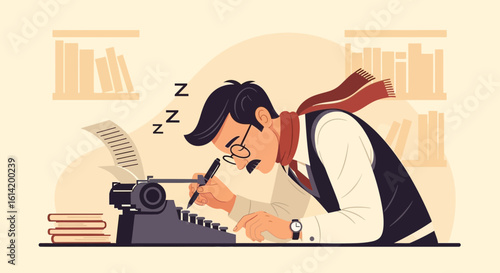 Writer Drowsing At His Typewriter With Falling Asleep Dreams Before Deadline