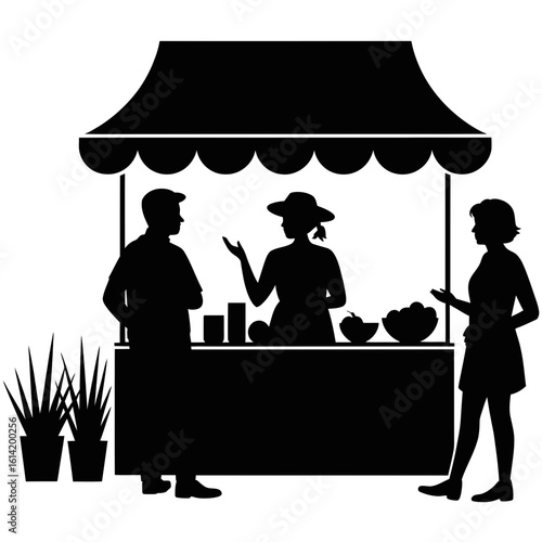 Silhouettes of people interacting at a market stall with plants and awning