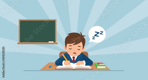 Sleepy Student Drowsing At His Desk During Class Lesson Illustration