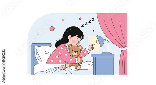 Sleepy Time Girl Turning Off Lamp With Teddy Bear In Bed Illustration