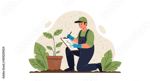 Young Agronomist Taking Notes About Plants On Clipboard In Garden