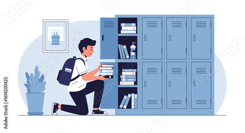 Student Arranging Books Inside School Locker Education Concept Illustration