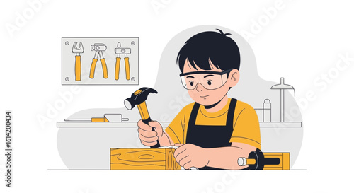 Young Apprentice Working Diligently In Woodworking Studio Mastering Carpentry Skills