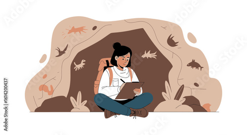 Young Archeologist Woman Discovering Ancient Drawings In Cave On Summer Vacation