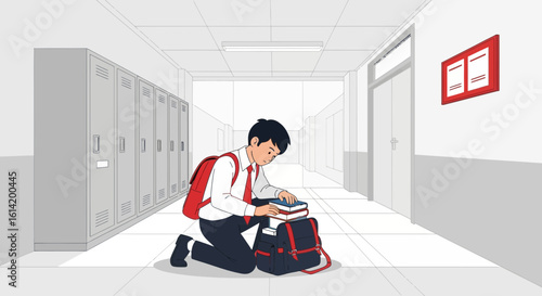 Student Collects Books On The Hallway Floor At The School Illustration
