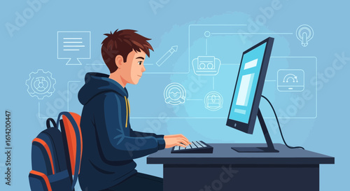 Student Concentrating On Online Learning At Computer With Abstract Icons Background