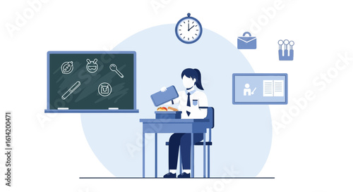 Student Eating Lunch At School Desk With Blackboard And Educational Icons Around