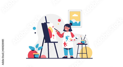 Young Artist Creating Colorful Artwork With Brush In Her Studio
