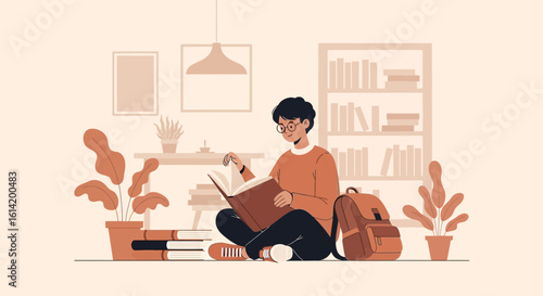 Student Enjoying A Relaxing Read Amidst Books And Plants At Home