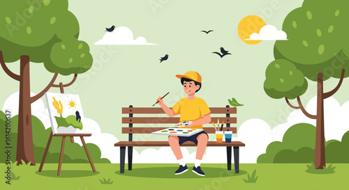 Young Artist Painting Landscape Outdoors In Park Creating Colorful Artwork