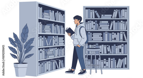 Student Reads A Book In The School Library Between Bookshelves With Plant