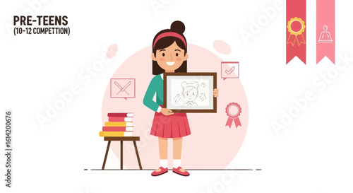 Young Artist Showcasing Her Drawing in Competition Event For Pre-Teens
