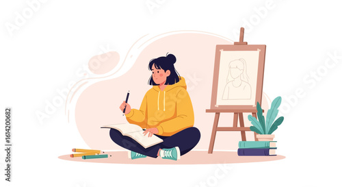 Young Artist Sketching Portrait on Canvas Painting with Easel Illustration