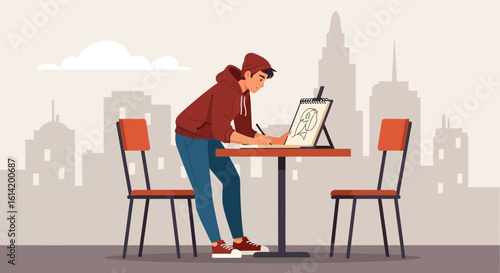 Young Artist Sketching Outdoors In Urban Setting Creating A Drawing