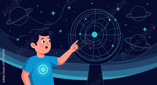 Young Astronomer Explores The Wonders Of Space And Celestial Bodies Displayed On A Sphere