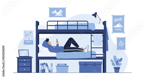 Student Relaxing On Bunk Bed With Smartphone In Dormitory Room Illustration