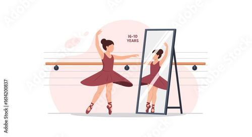 Young Ballerina Practicing Dance Moves in Studio, Mirror Reflection Shows Accuracy