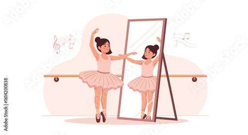 Young Ballerina Practicing Ballet in Front of Mirror at Ballet Studio