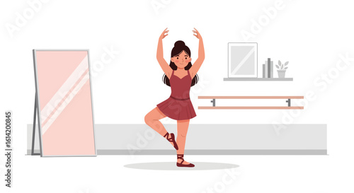 Young Ballerina Practicing Dance Position In Studio With Mirror And Ballet Barre
